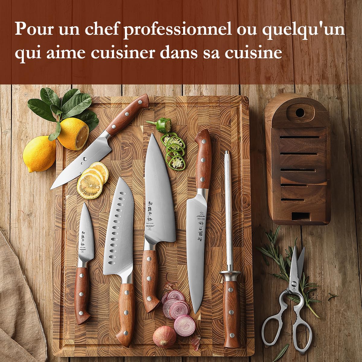 HEZHEN Blocs Couteaux Ensembles de Couteaux de Chef, Set de Couteaux de Cuisine avec Bloc de Couteaux en Bois D'Acacia, Ciseaux de Cuisine en Acier Inoxydable, Avec Fusil à Aiguiser