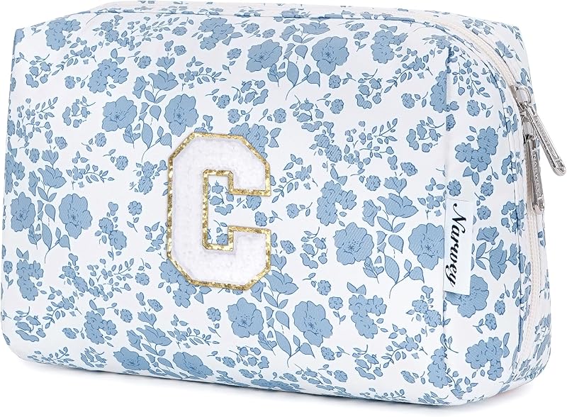 Necessaire de maquiagem Narwey com inicial, estampa Z-Little Blue Flower e divisórias