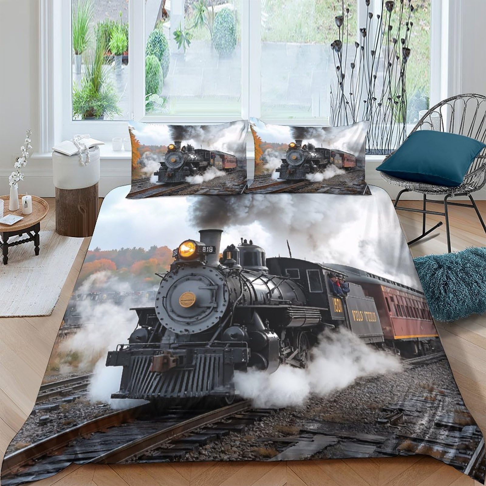 Ctjqhvkz Style-7 3D Printed Steam Train Fitted Sheet Microfiber Soft Railway Locomotive Bed Sheet For Bedroom Dorm Mattress Decor Single（135X200cm）