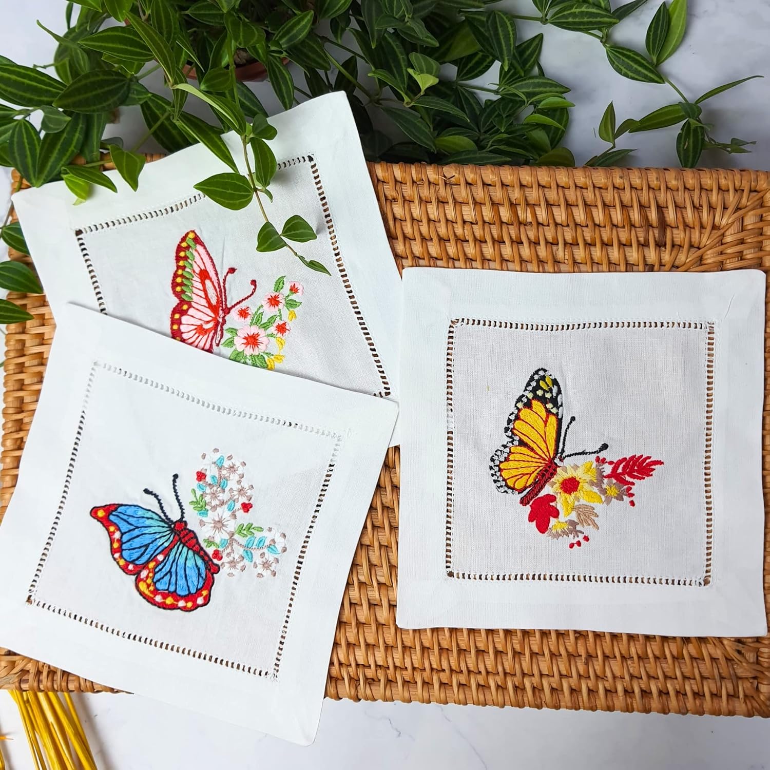 HCRAFT Embroidered White Cocktail Napkins 6"x6" Set of 6 Cloth Napkin Coasters, Butterfly Embroidered Cocktail Napkins for Christmas Cocktail Napkins Parties, Ladder Hemstitch, Great Present Ideas