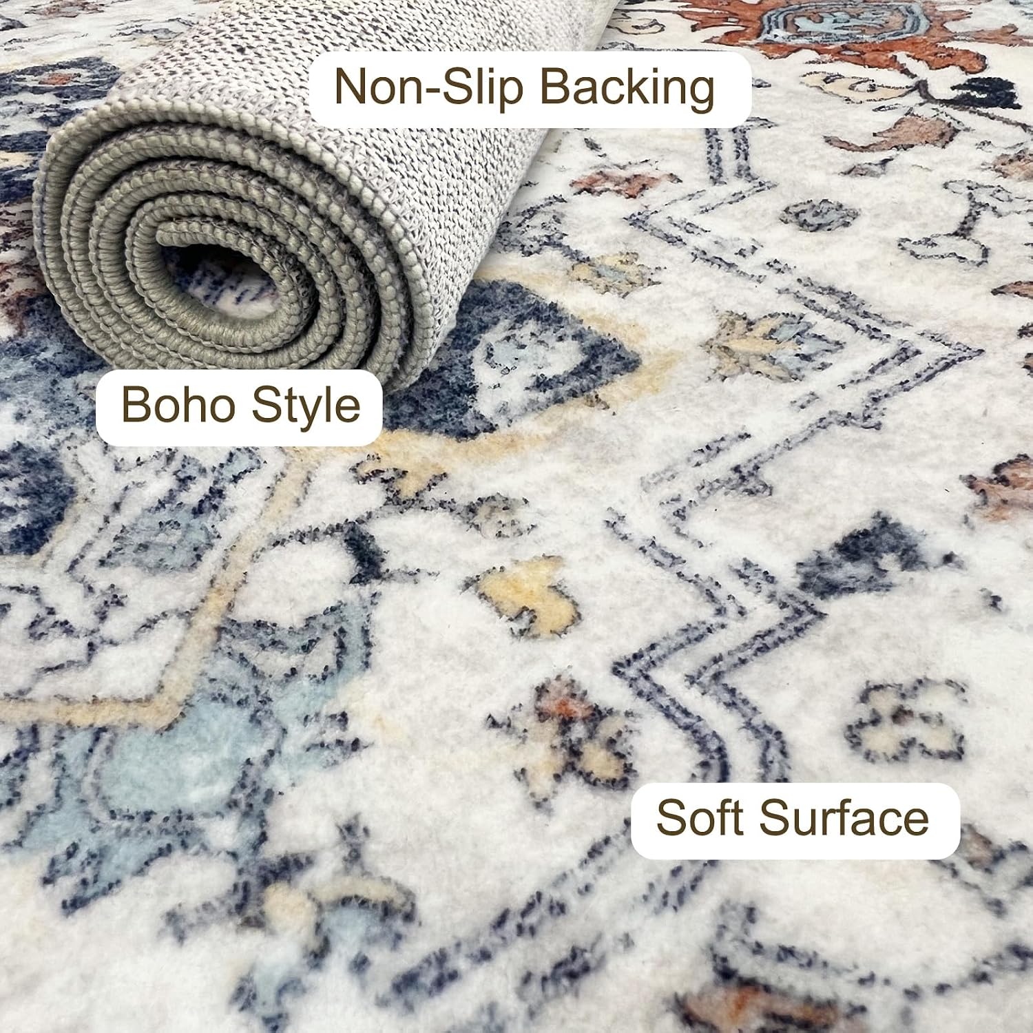 Area Rug 4x6 Washable Rug Blue Vintage Traditional Floor Cover Foldable Thin Retro Accent Indoor Distressed Non Slip Carpet Floral Print Mat Bedroom Living Room Diningroom
