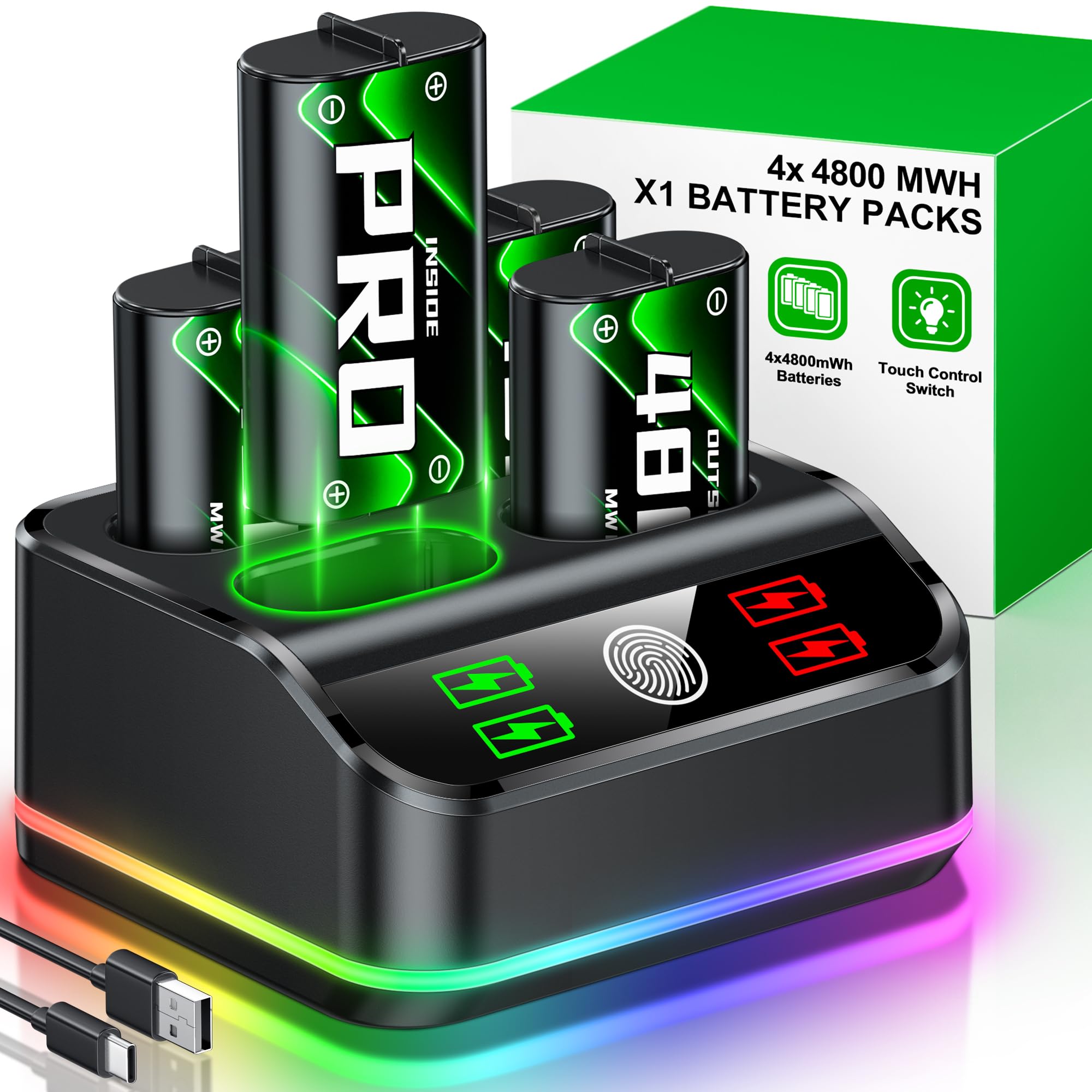 4x4800mWh Rechargeable Xbox One Controller Battery Pack, Xbox Rechargeable Batteries Station with LED Light, Charger Battery Pack for X Box Series X|S/One S|X/1 Elite Controller