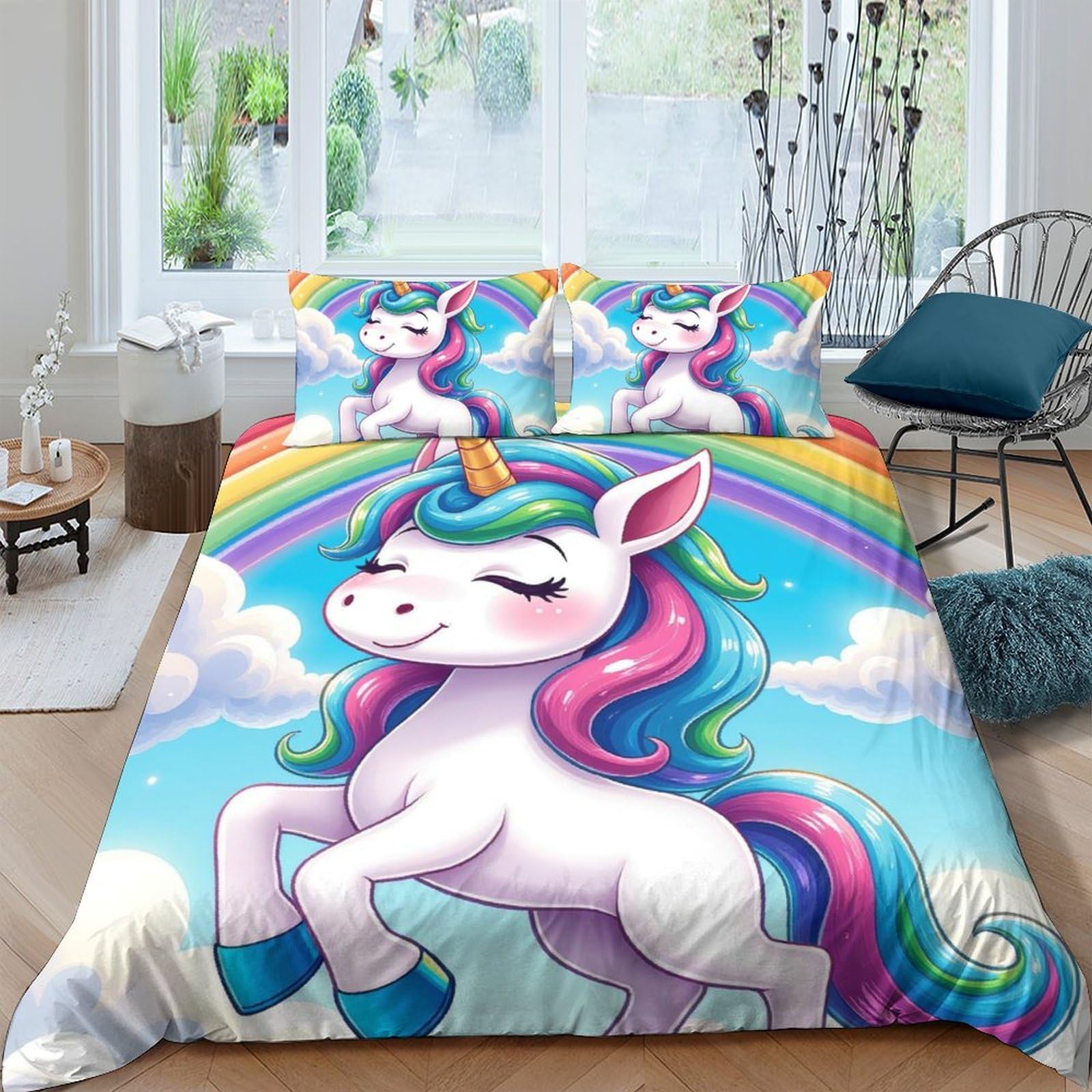 Ctjqhvkz Style-2 3D Printed Rainbow Unicorn Fitted Sheet Microfiber Soft Non-Slip Pastel Clouds Bed Cover For Bedroom Dorm Decor Single（135X200cm）