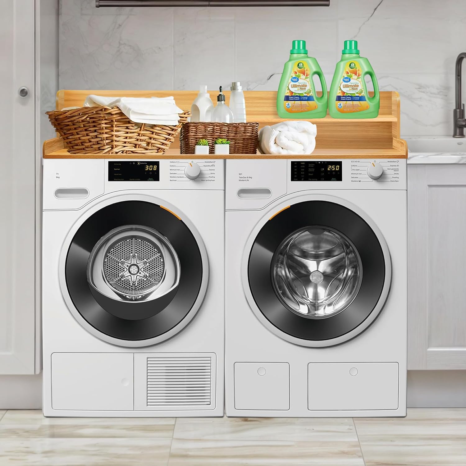 Royxen Comptoir à linge avec étagère 2 niveaux – Noyau bois massif, revêtement polyester, plan de travail buanderie spacieux - Image secondaire