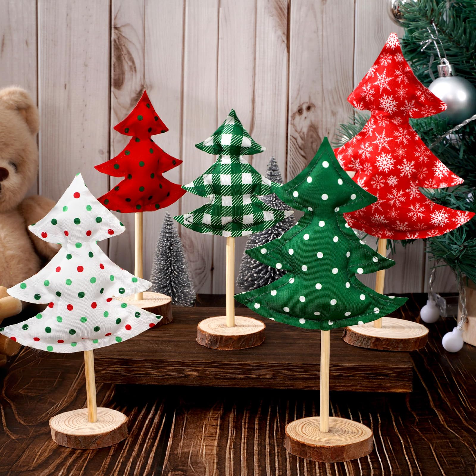 Blocs de sapin de Noël en tissu à carreaux rouge et vert pour centre de table plateau à étages