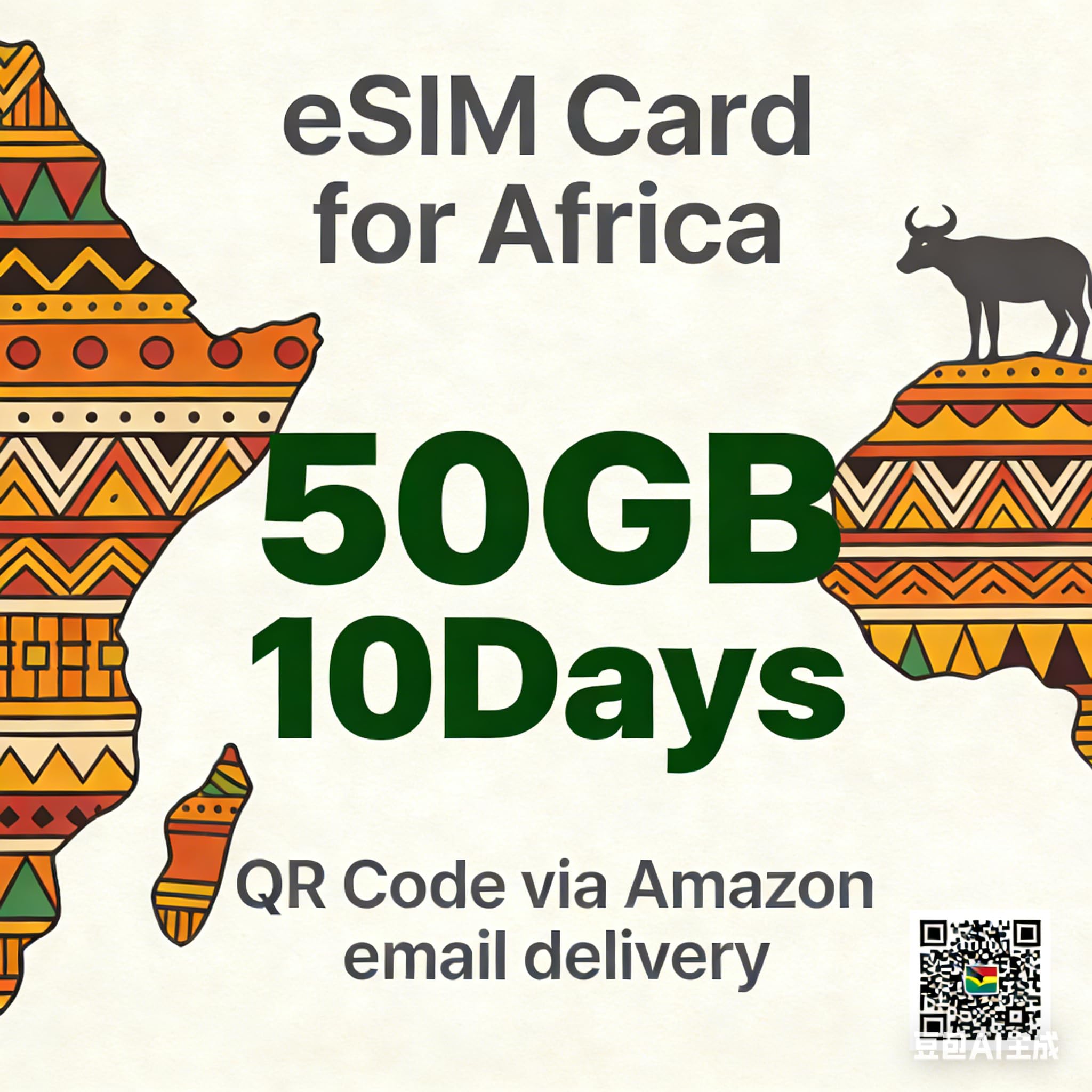 eSIM Africa 50 GB de datos 10 días de prepago – 4G/5G de viaje eSIM paquete de datos para África al instante código QR entrega no requiere SIM física, compatible con iPhone y Android