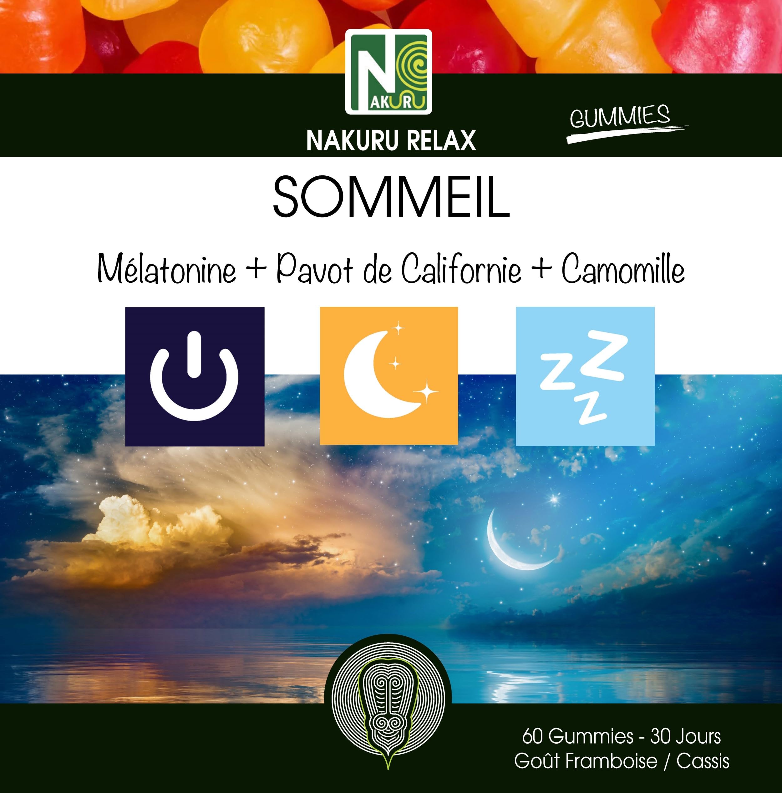 NAKURU | Sommeil Gummies | Gamme Relax | Saveur: Framboise + Cassis |Fabriqué en France | "Mélatonine + Pavot de Californie + Camomille !" (60 Gummies / 30 Jours)
