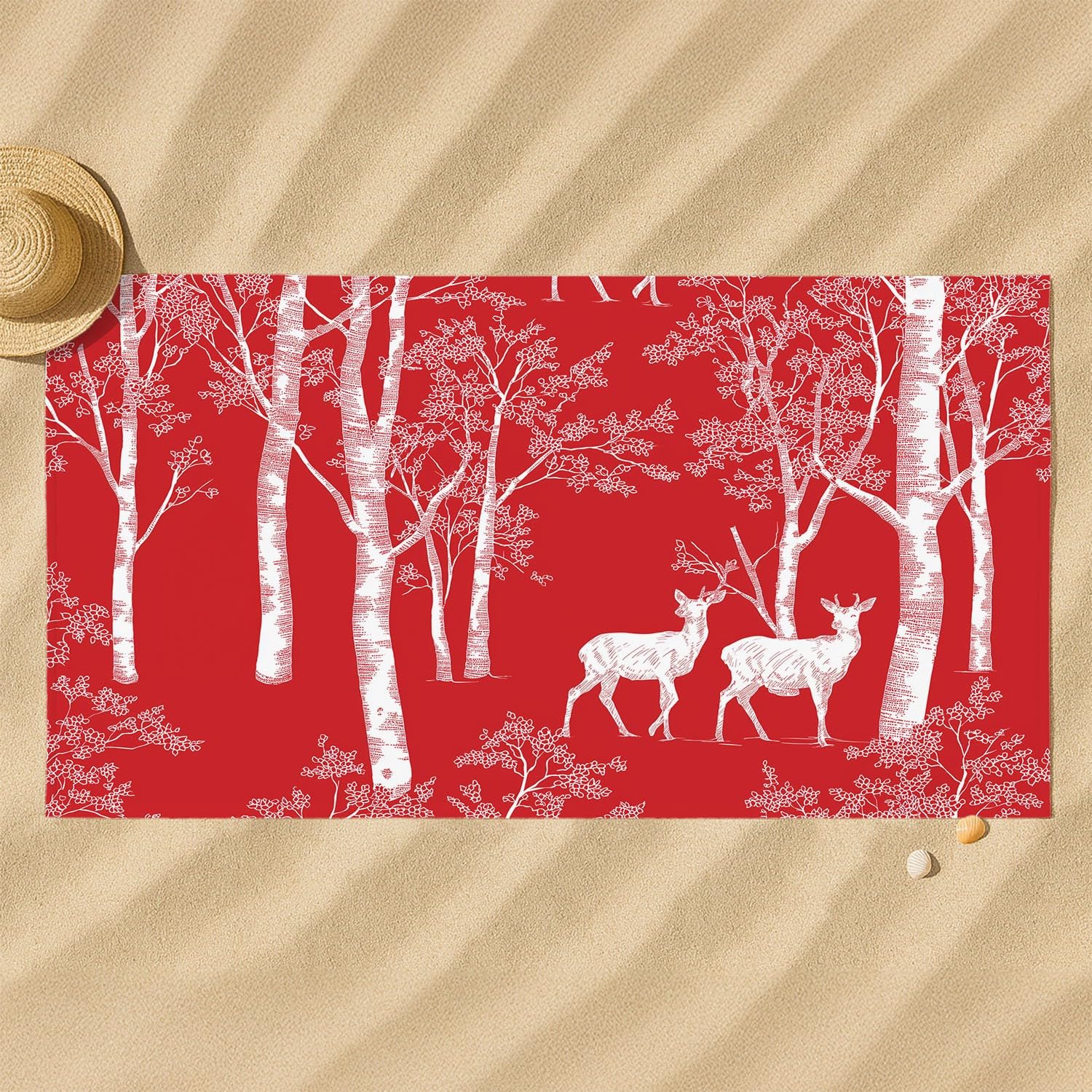 Générique Serviette de Plage Microfibre 230 x 210 CM,Drap de Plage Nordique, Forêt, Silhouette, Couverture de Plage Absorbante,Couverture de Bain Bouleaux, Rennes, Silhouettes