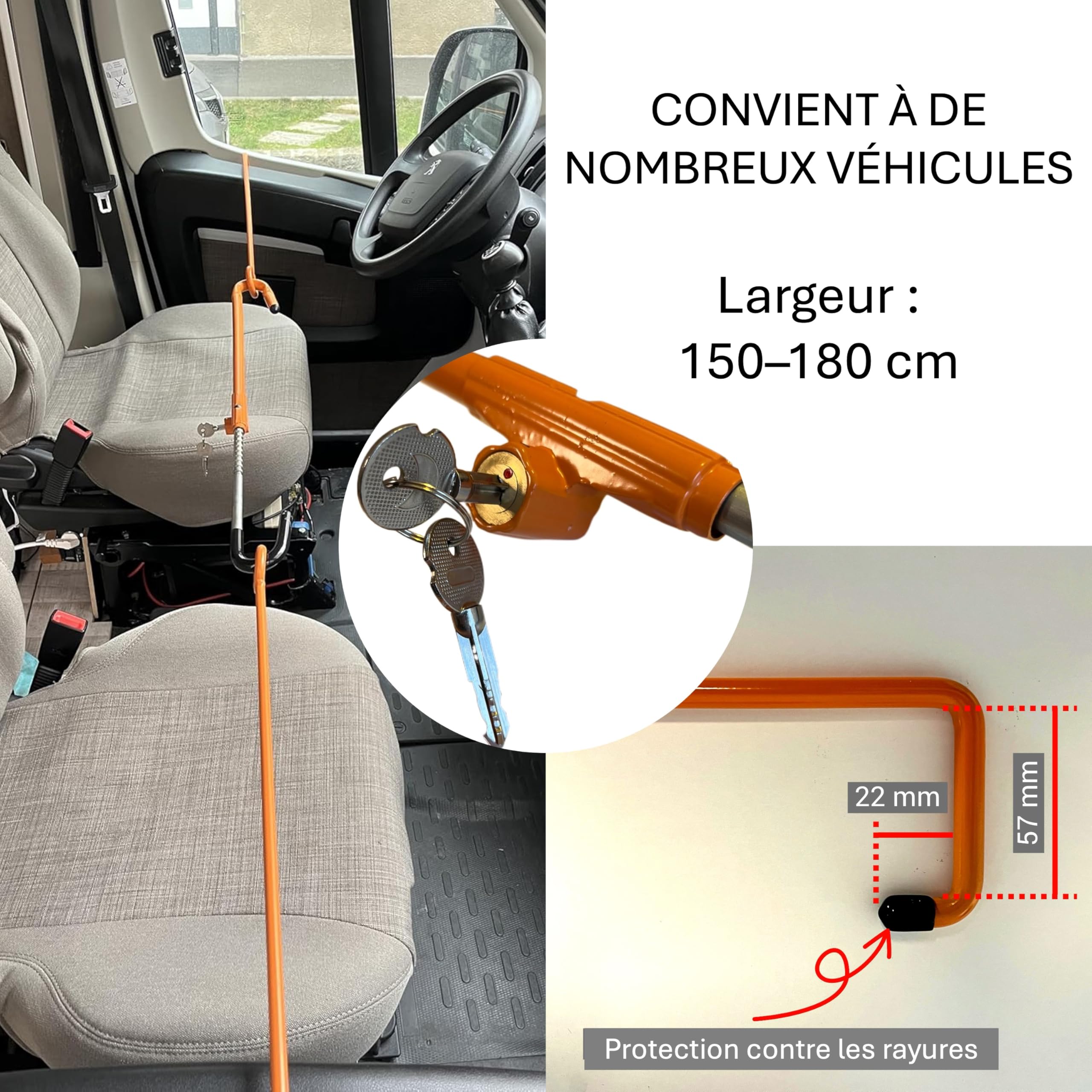 Sécurité de porte pour camping-car avec blocage du volant - Protection anti-effraction en acier pour Fiat Ducato, Jumper, Boxer, VW T5/T6, Sprinter - Envergure 150 à 180 cm avec sac