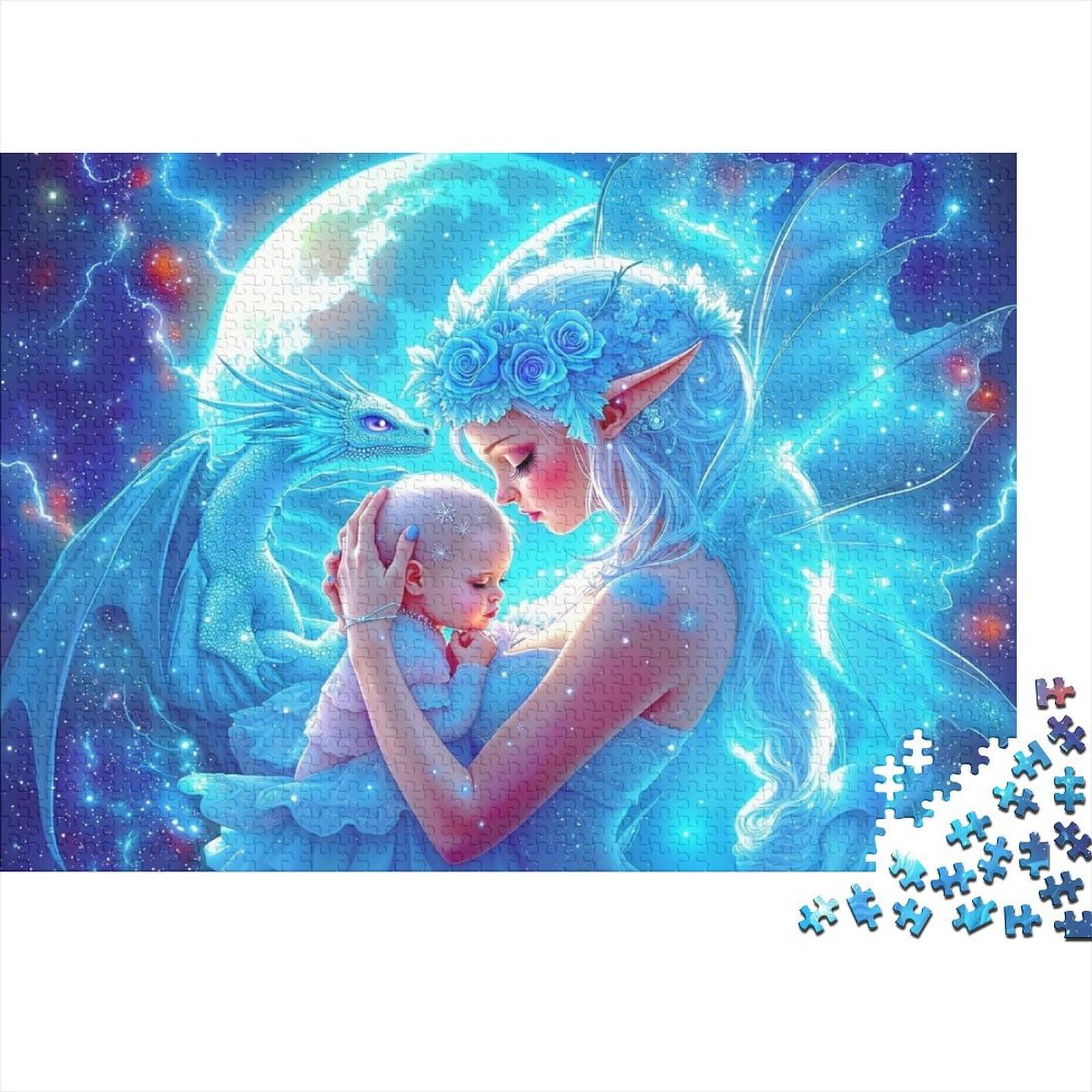 Fantasy Elf Mother and Child 1000 Piece Jigsaw Puzzle Paper for Adults Blue Night Style Puzzle Game for Family Relaxing Gift 38x26cm/1000pcs