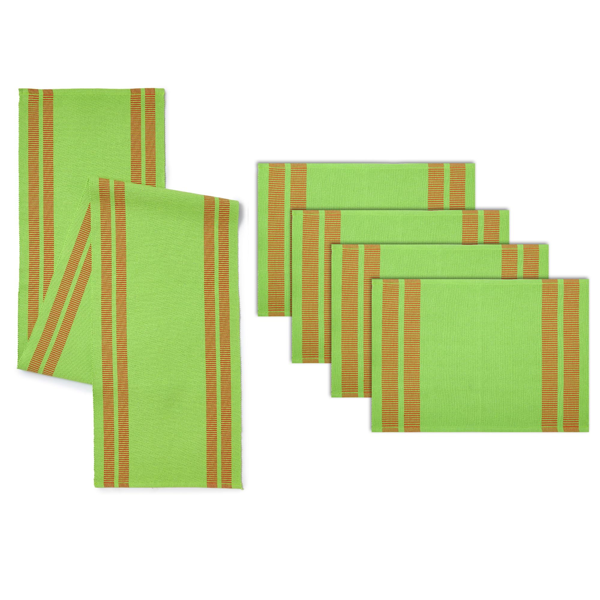 Encasa XO Table Runner and Placemats Set 4 | Fine Ribbed Cotton | Ladder Green | 1 Table Runner Size 32x137 cm & Each Table Mat Size 48x32 cm