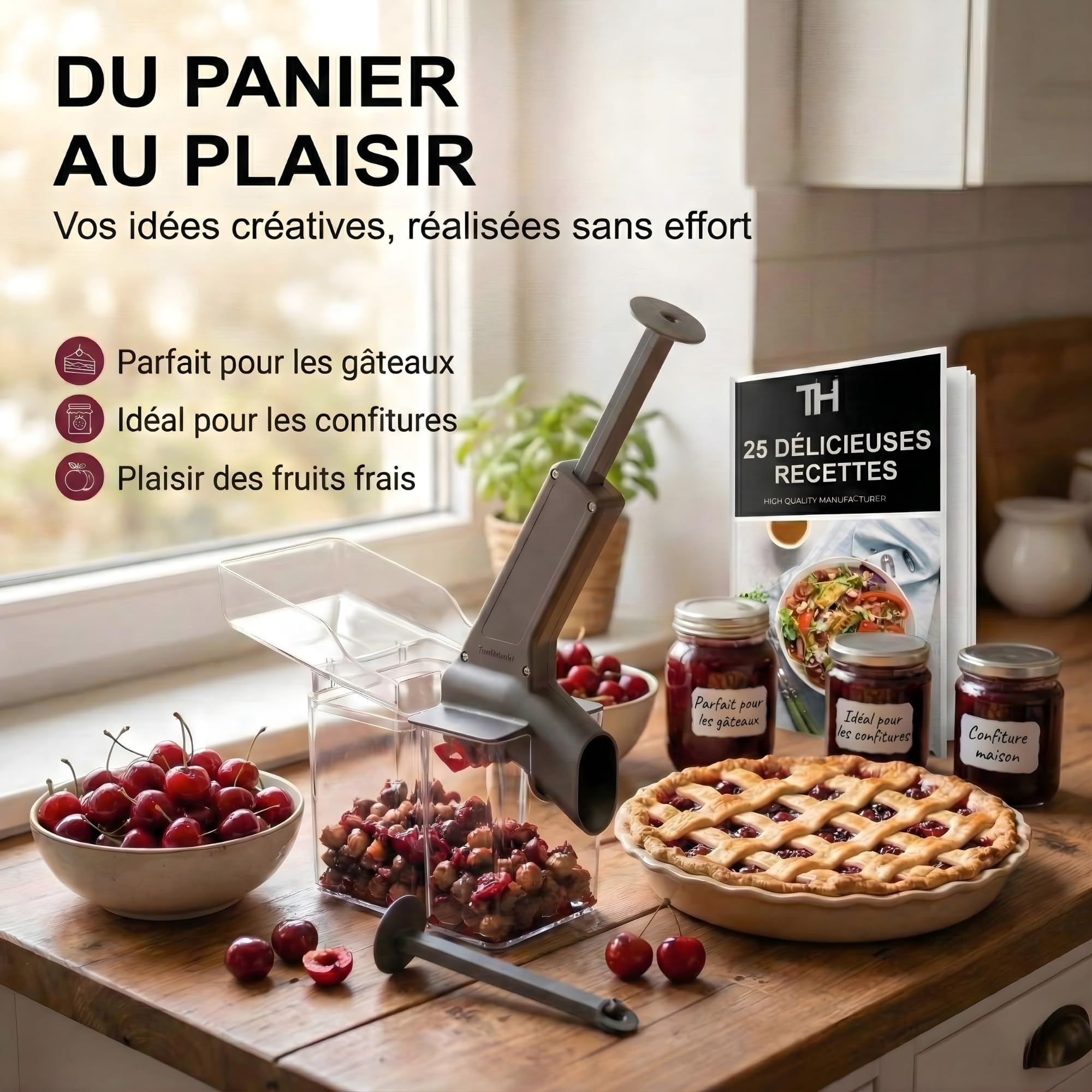 Dénoyauteur de cerises Thiru Premium - grande capacité de dénoyautage - pour cerises fraîches, en conserve, surgelées - avec protection anti-éclaboussures - Made in Germany