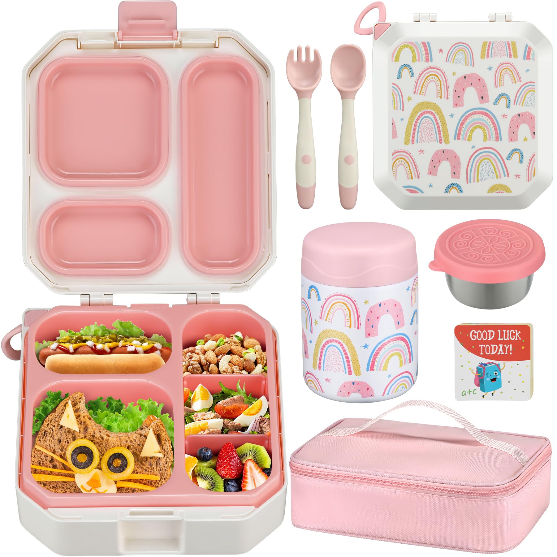 Sponsored Ad - Itslife Bento Lunch Box Set for Kids with 12oz Soup Thermo&Lunch Bag, Leak-Proof Lunch Food Containers for Kids School, 5 Compartment, Sauce Cup, 10 Notes (Rainbow White)