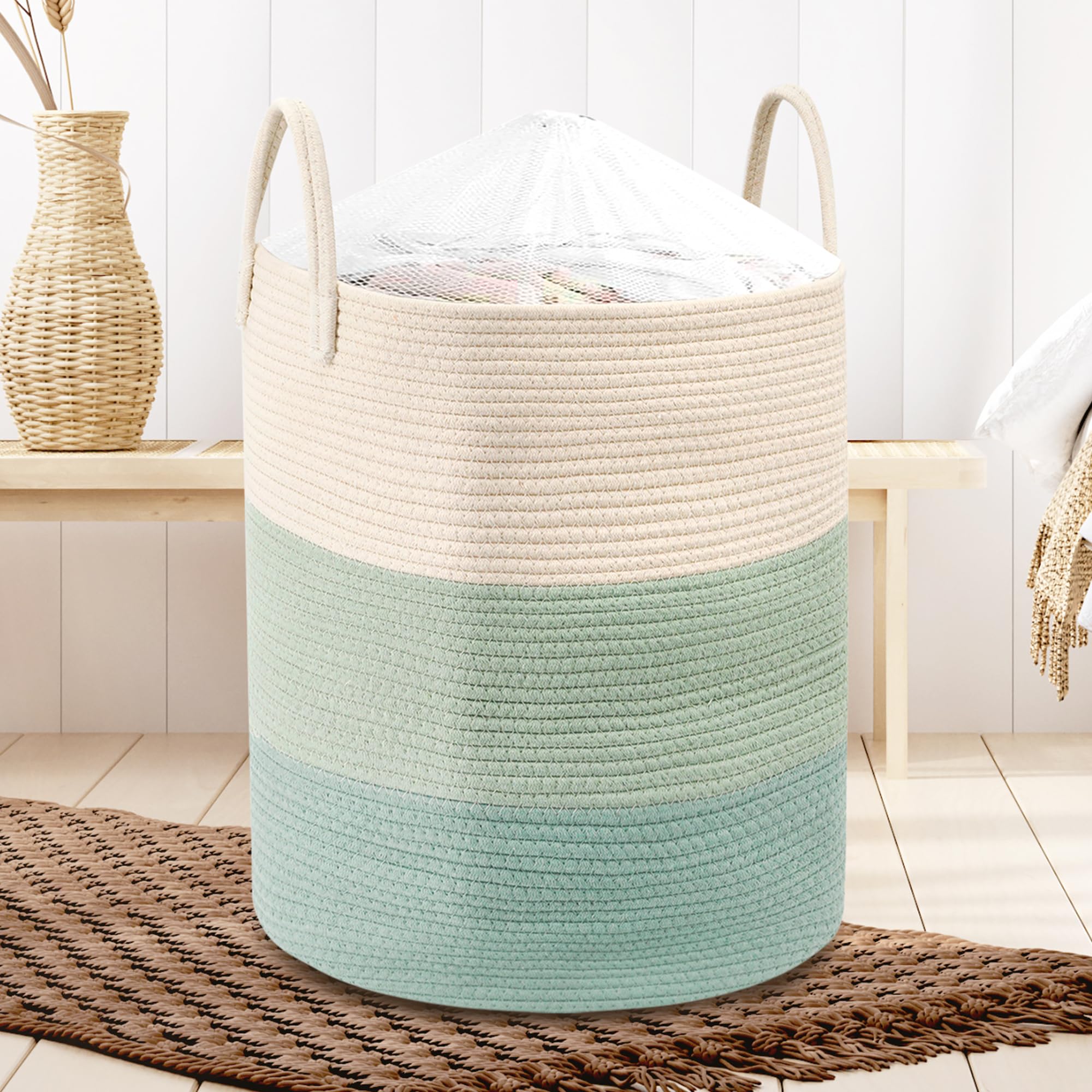 Jolitac58L Large Woven Laundry Hamper, Laundry Basket with laundry Bag Blanket Basket Tall Wicker Laundry Baskets for Clothes Pillows Towels Shoes in Living room Bedroom, 15" x 20"
