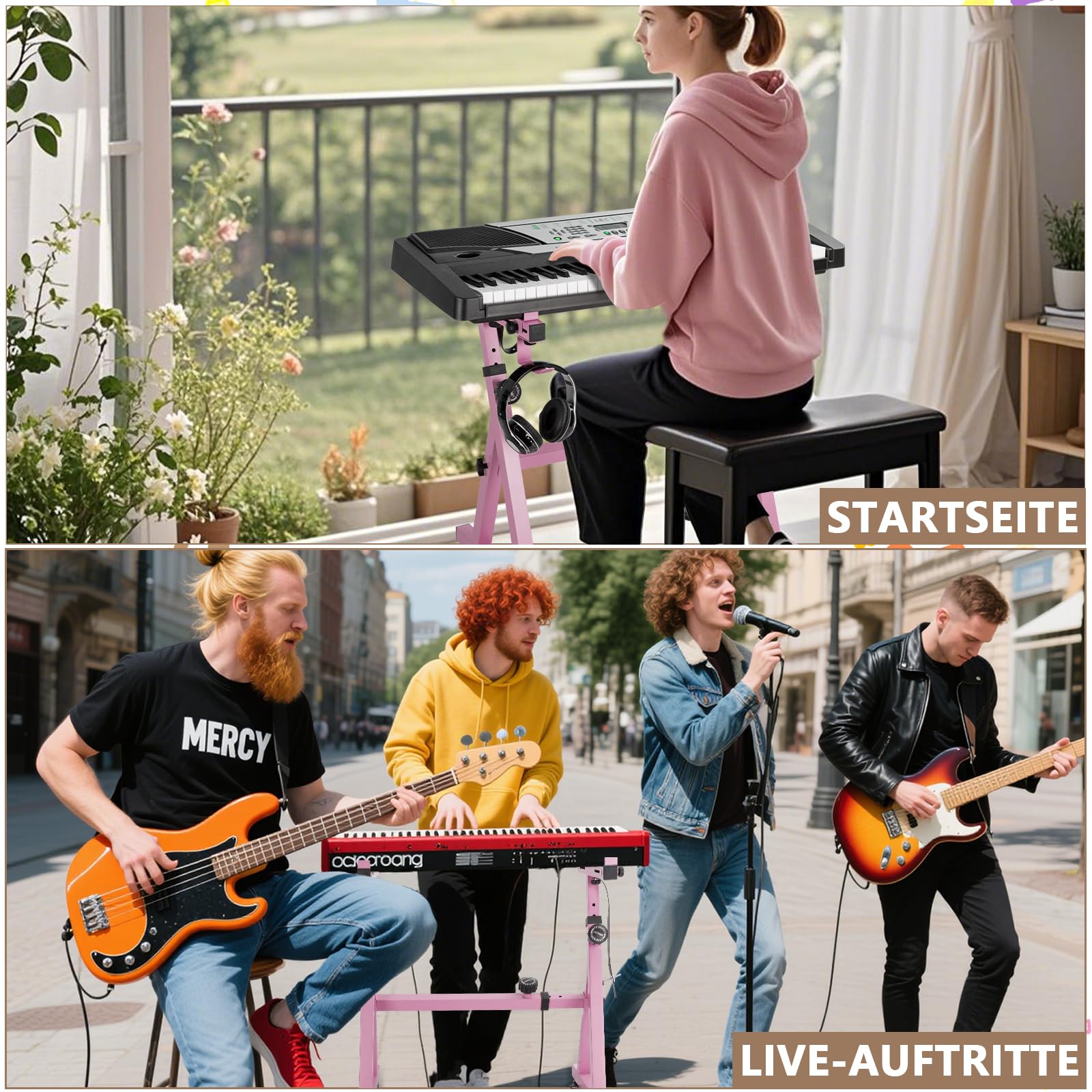 OUUTMEE Soporte para teclado, ruedas, soporte para teclado, forma de Z, ajustable, con riel deslizante, fácil de usar (Z-Rosa) | Con ruedas, fácil de usar, rango de altura: 55 – 87 cm, con soporte para auriculares, adecuado para ejercicios y actuaciones