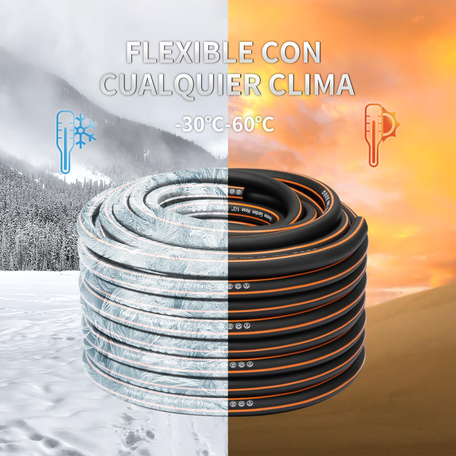 Fevone Manguera de Jardin 30 Metros, Φ13 mm (1/2 pulgadas), 4 capas, 25 bar, muy resistente, portátil, exterior, flexible, resistente, con correa, protección contra torceduras, negro/naranja