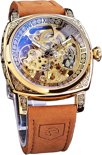 FORSINING Relojes para hombre, reloj mecánico retro cuadrado tallado, esqueleto automático, reloj de pulsera con correa de cuero vintage