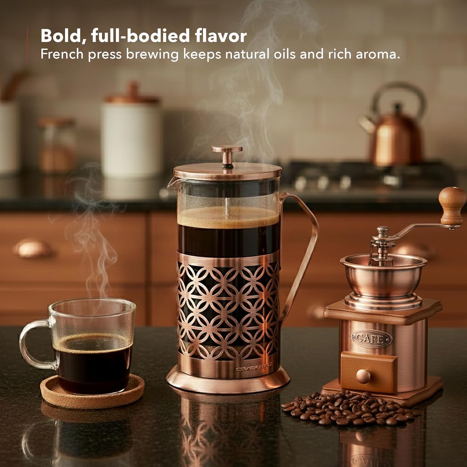 OVENTE French Press Coffee Maker 34 Ounce with Heat Resistant Borosilicate Glass, Stainless Steel Design and 4-Level Filter System, Portable Cold Brewer Pot for Travel, Camping or Gift, Copper FSF34C