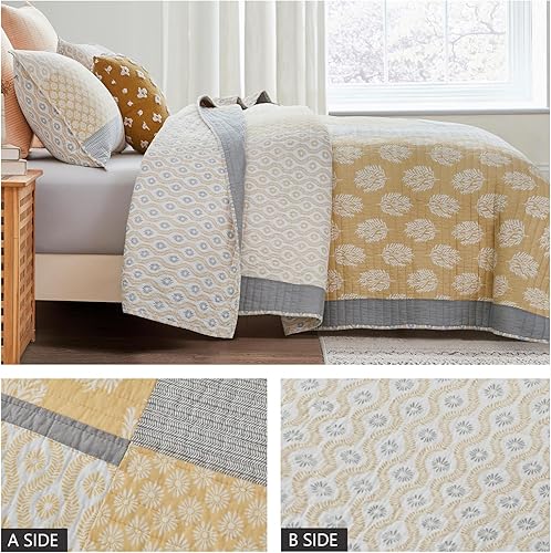 Miniatura 4 de Finlonte - Juego de edredón de algodón tamaño Queen acolchado 3 piezas reversible ligero decoración de cama para todas las estaciones colcha de