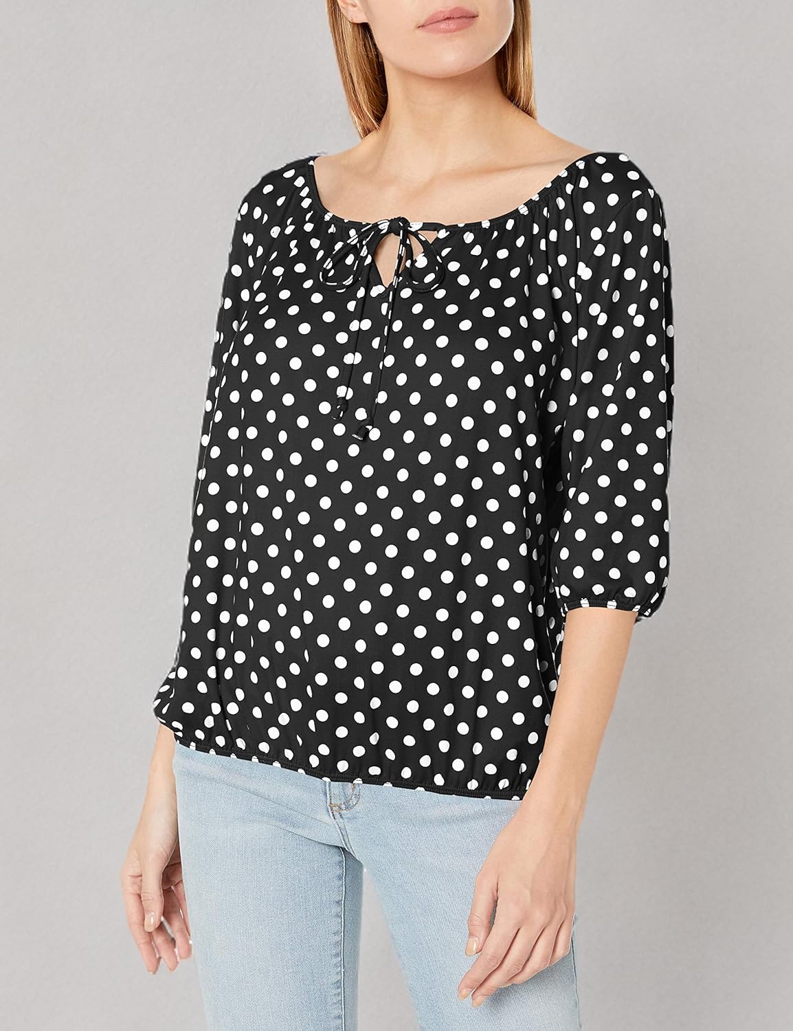 Star Vixen Women's Petite 3/4 Sleeve Tieneck Elasticized Peasant Top, Black Dot, PS - Image 3