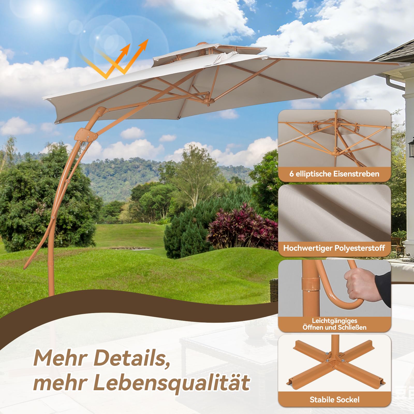 Sonnenschirm Balkon 300cm Gartenschirm Ampelschirm mit Kurbel UV-Schutz,Doppel-Top Design,Kurbelschirm mit 6 robusten Streben,für Garten Terrasse Balkon, inkl, Beige