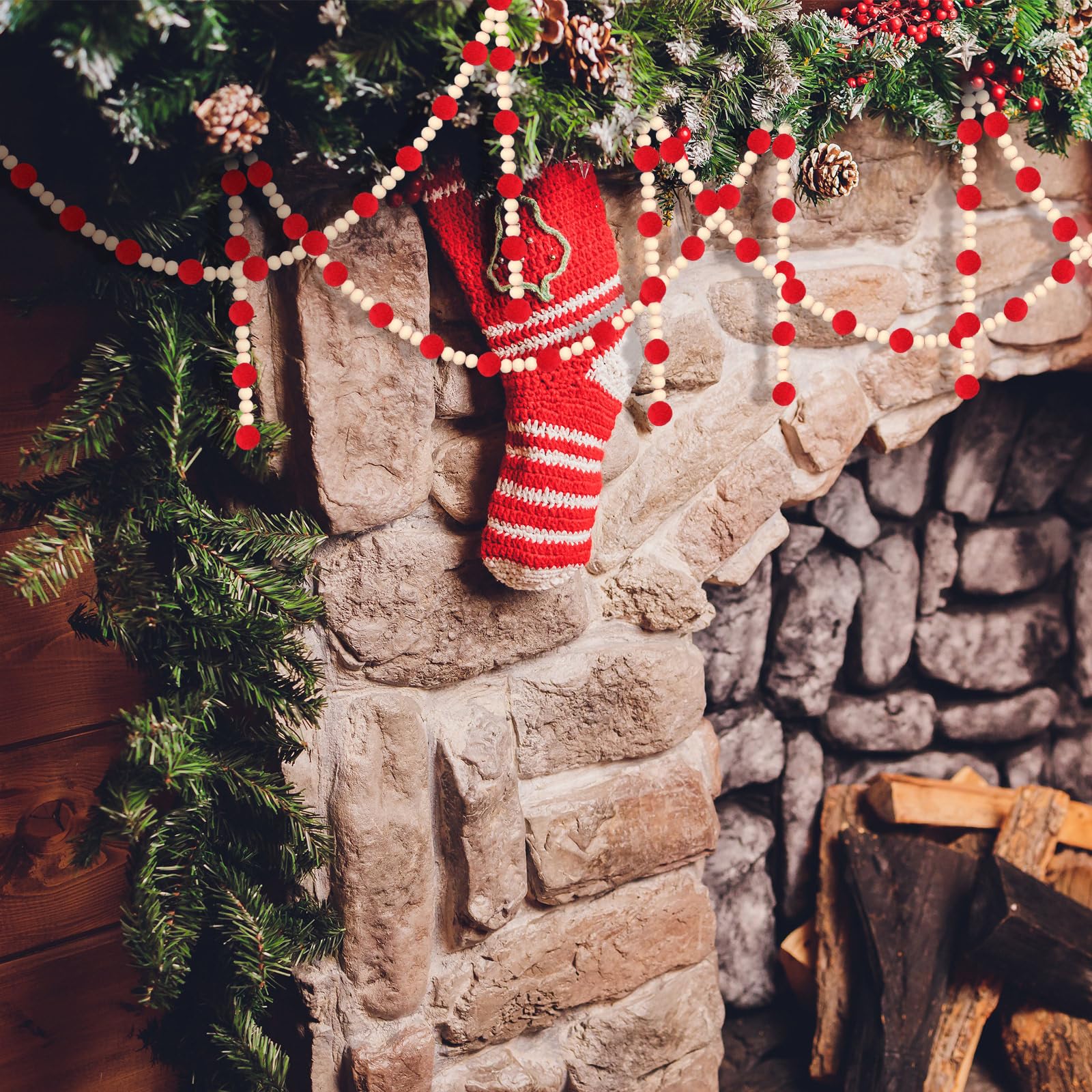 Barydat Guirnalda de bolas de fieltro rojo de 6 pies con cuentas de madera, guirnalda de pompones, guirnalda de fieltro, guirnalda de pompones, guirnalda de Navidad, decoración de árbol de Navidad