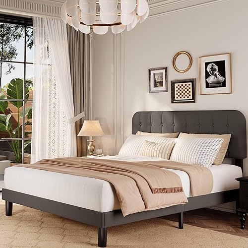 Miniatura 12 de Gizoon Base de cama Queen con cabecero, cama de plataforma tapizada con listones de madera resistentes, sin ruido, no necesita somier, fácil