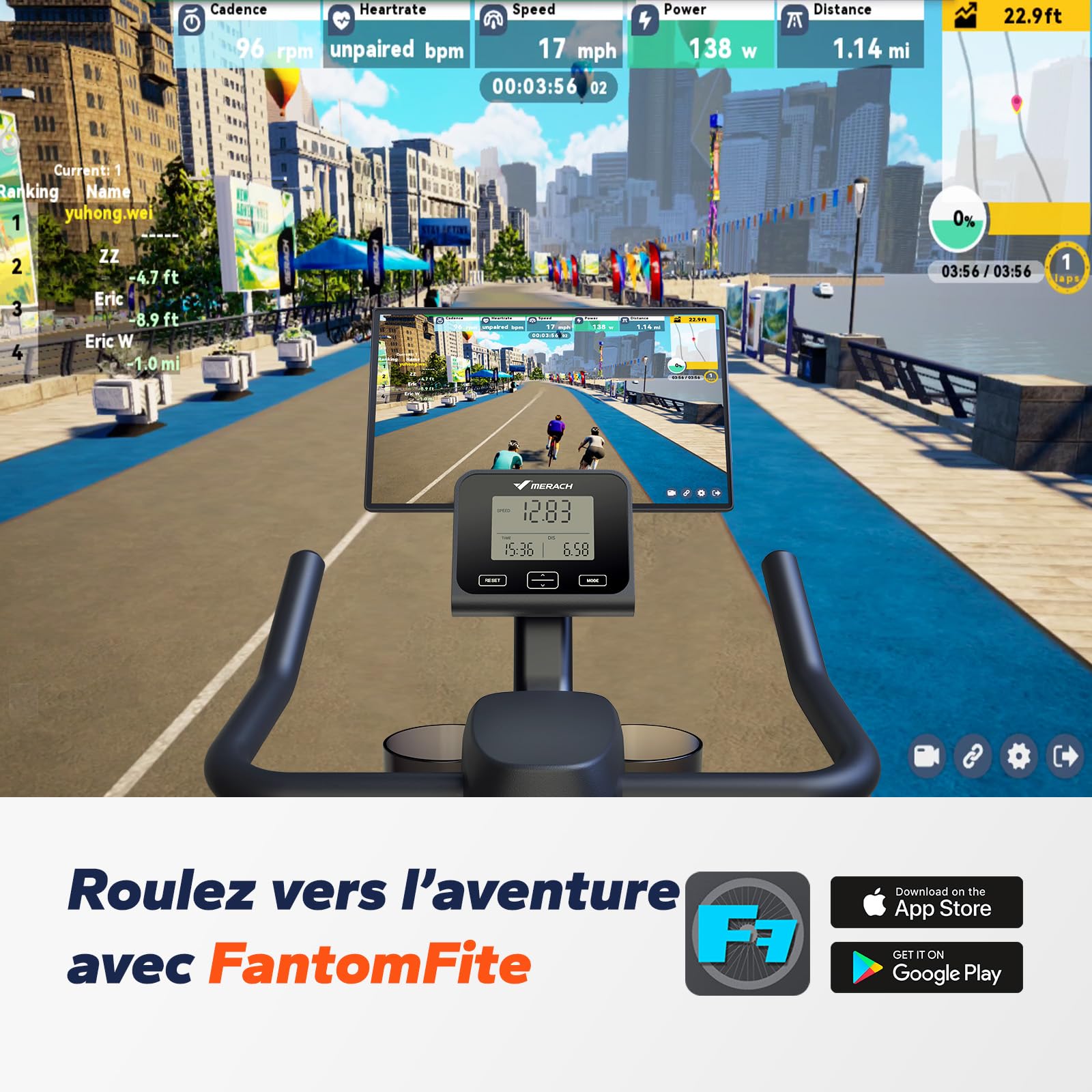 MERACH Vélo d’Appartement avec Résistance Magnétique, Vélo d’Intérieur Silencieux avec Selle à Coussin d’Air Amortissant, Écran LCD, Application Dédiée, Cadre en H Stable, Charge jusqu’à 150KG