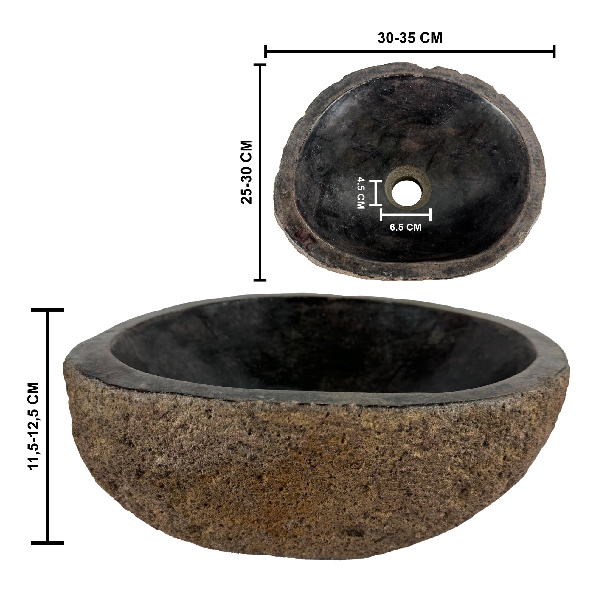 Lavabo Ovalado - Cuenca de Piedra de Río - Fregadero para baño - Forma y color únicos - Piedra Natural - Pulido y sólido (Marrón/Oxidado, 30-35x25-30cm)