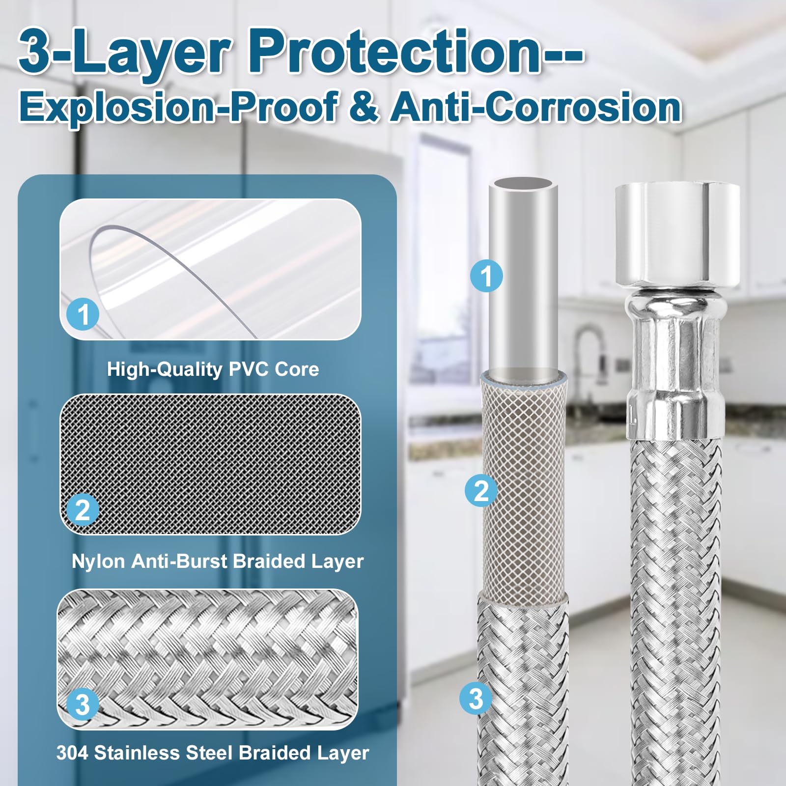 Linea dell'acqua universale per frigorifero, lunghezza 7,8 m, lunghezza 6 m, con raccordo di collegamento da 0,6 cm, tubo flessibile in acciaio inox intrecciato per macchina del ghiaccio per