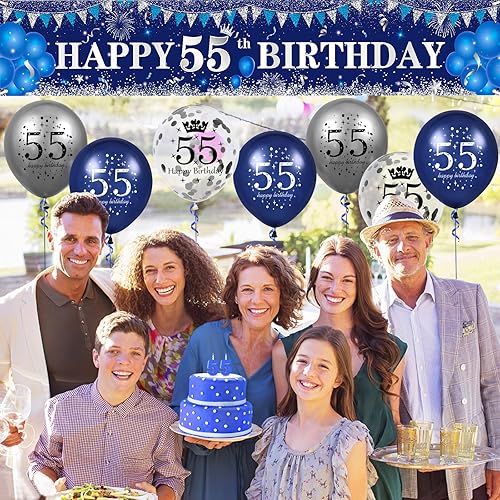 Miniatura 2 de Decoraciones azules de cumpleaños n. 55 para hombres y mujeres, pancarta azul marino y plateado de feliz cumpleaños 55, globos azules de cumpleaños