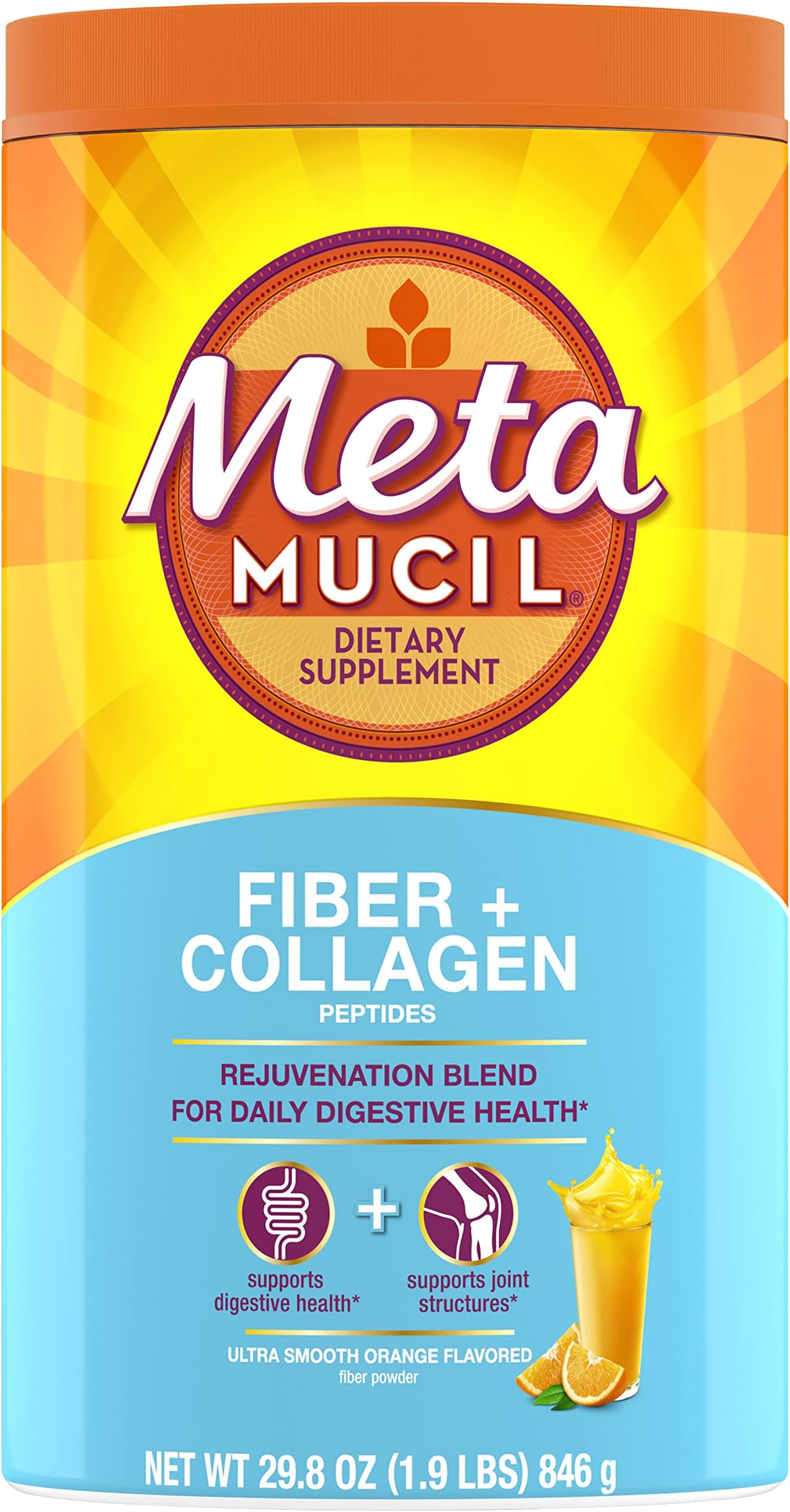 Daily Fiber + Collagen, Psyllium Husk Powder, Plant Based Fiber Supplement, Sugar-Free with Stevia, 3-in-1 Fiber Supplement for Digestive Health, Orange Flavored, 90 Doses