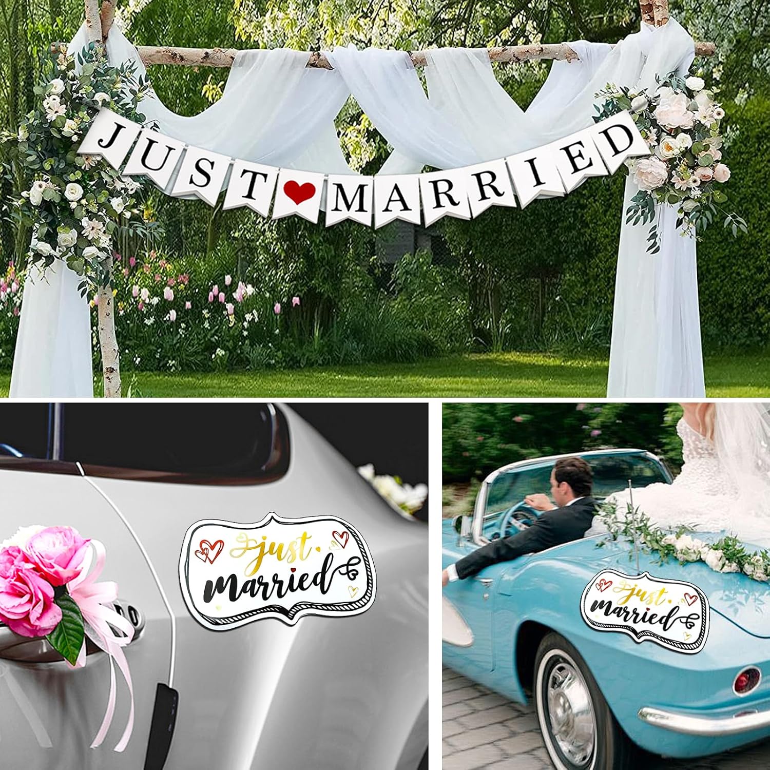 Just Married Car Decorations Set - Includes 4 Ornate Magnetic Signs (12x7.5 in), Window Decals (22.4x5.1 in) & "Just Married" Banner for Wedding Day & Honeymoon Car Deco