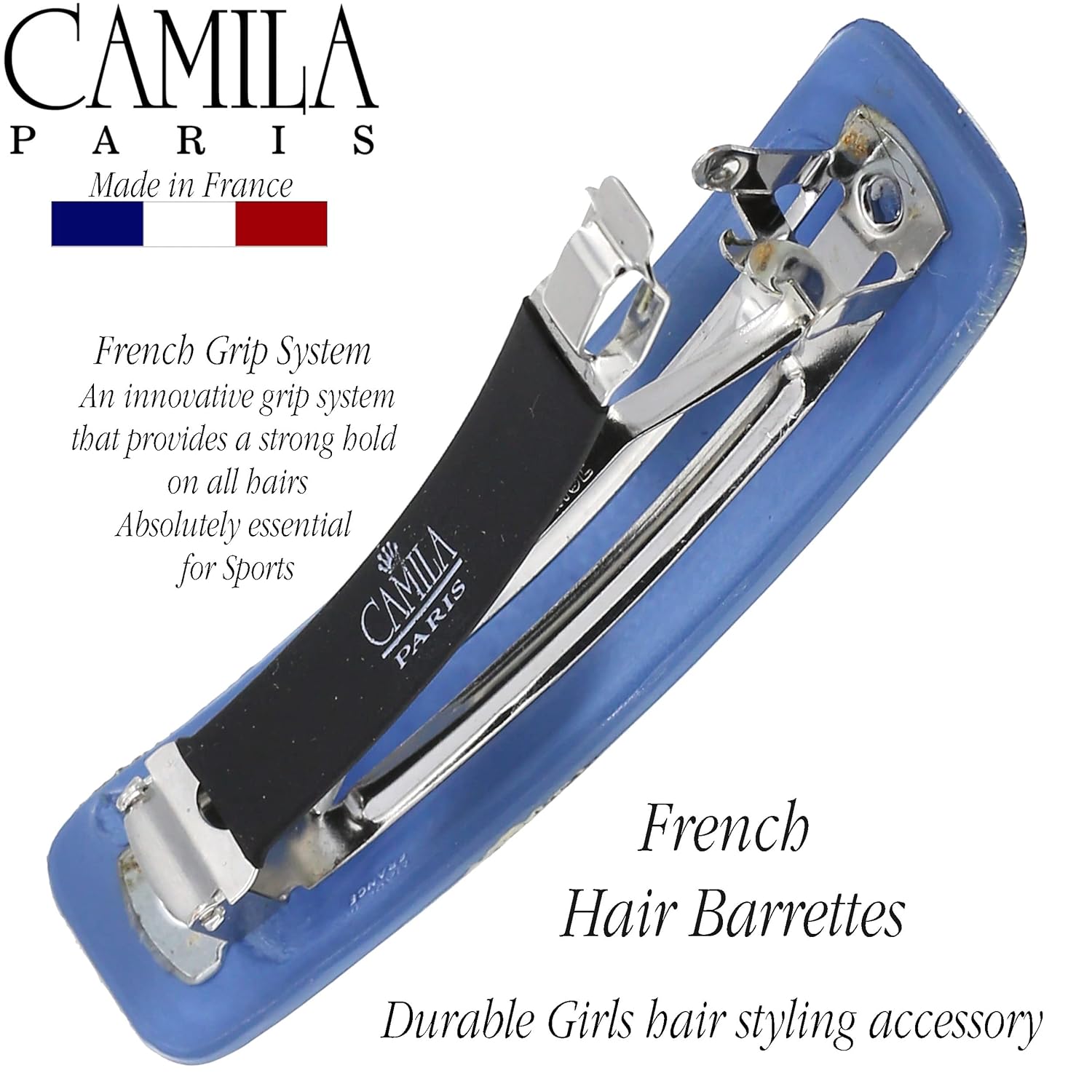 Camila Paris CP3339 French Hair Barrette Clip for Girls, Blue, Rubberized Metal Clasp Strong Hold Grip Hair Clips for Women, No Slip Durable and Styling Girls Hair Accessories, Made in France
