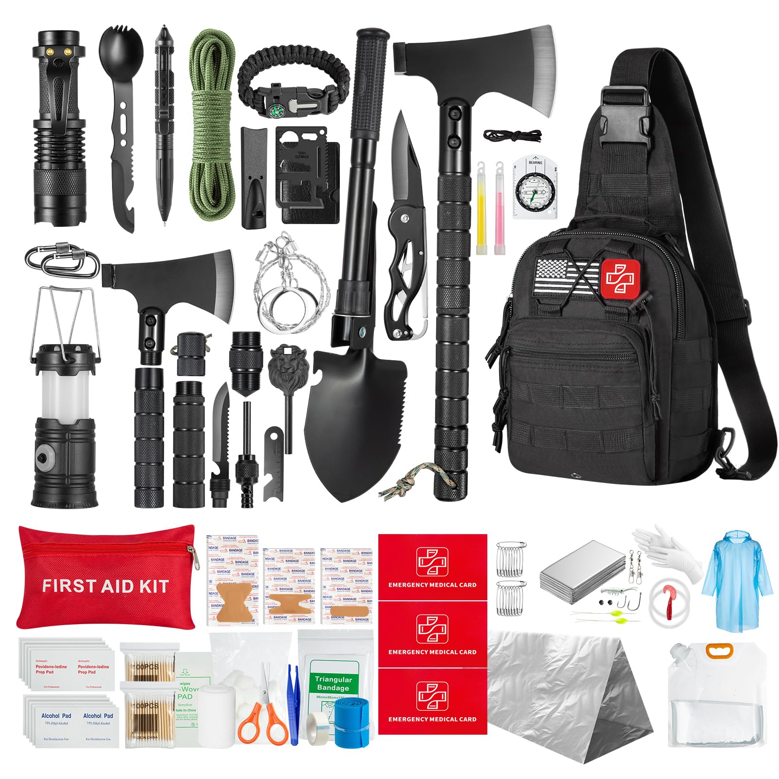 Kit de supervivencia, bolsa de 360 piezas con kit de primeros auxilios. Hacha de camping, pala de supervivencia, herramientas ideales para camping, senderismo