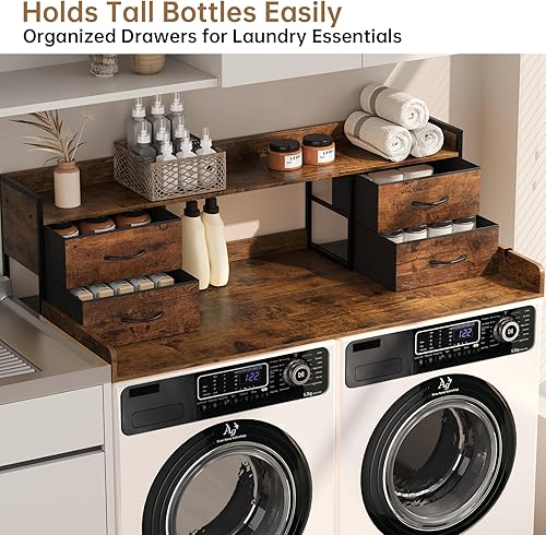 Miniatura 3 de Encimera de lavadora y secadora con 4 cajones y estante, 27.5 pulgadas de profundidad x 54 pulgadas de ancho, cubierta de lavandería con barandillas