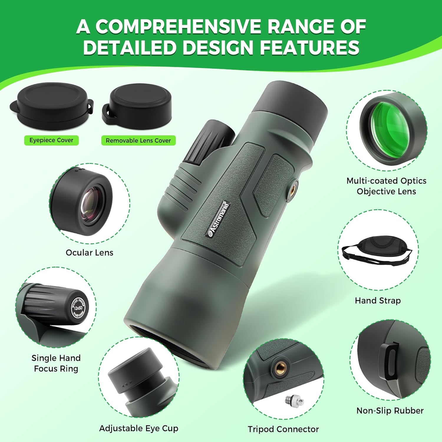 Astromania 12X50 BAK4 High Power Prism Monoculars, Waterproof, Compact Handheld Monoscope for Bird Watching, Sporting Events, Traveling Gifts for Men