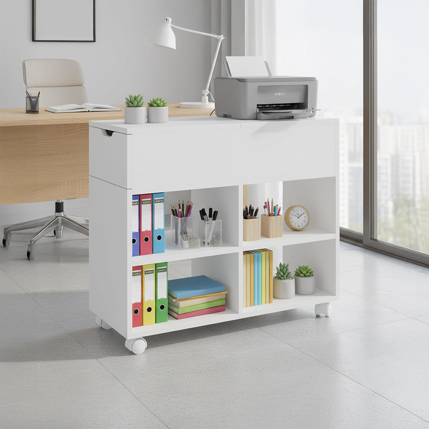Relaxdays roll container, 5 compartments, drawer, HxWxD: 61 x 70 x 30 cm, open, slim filing cabinet on wheels, white