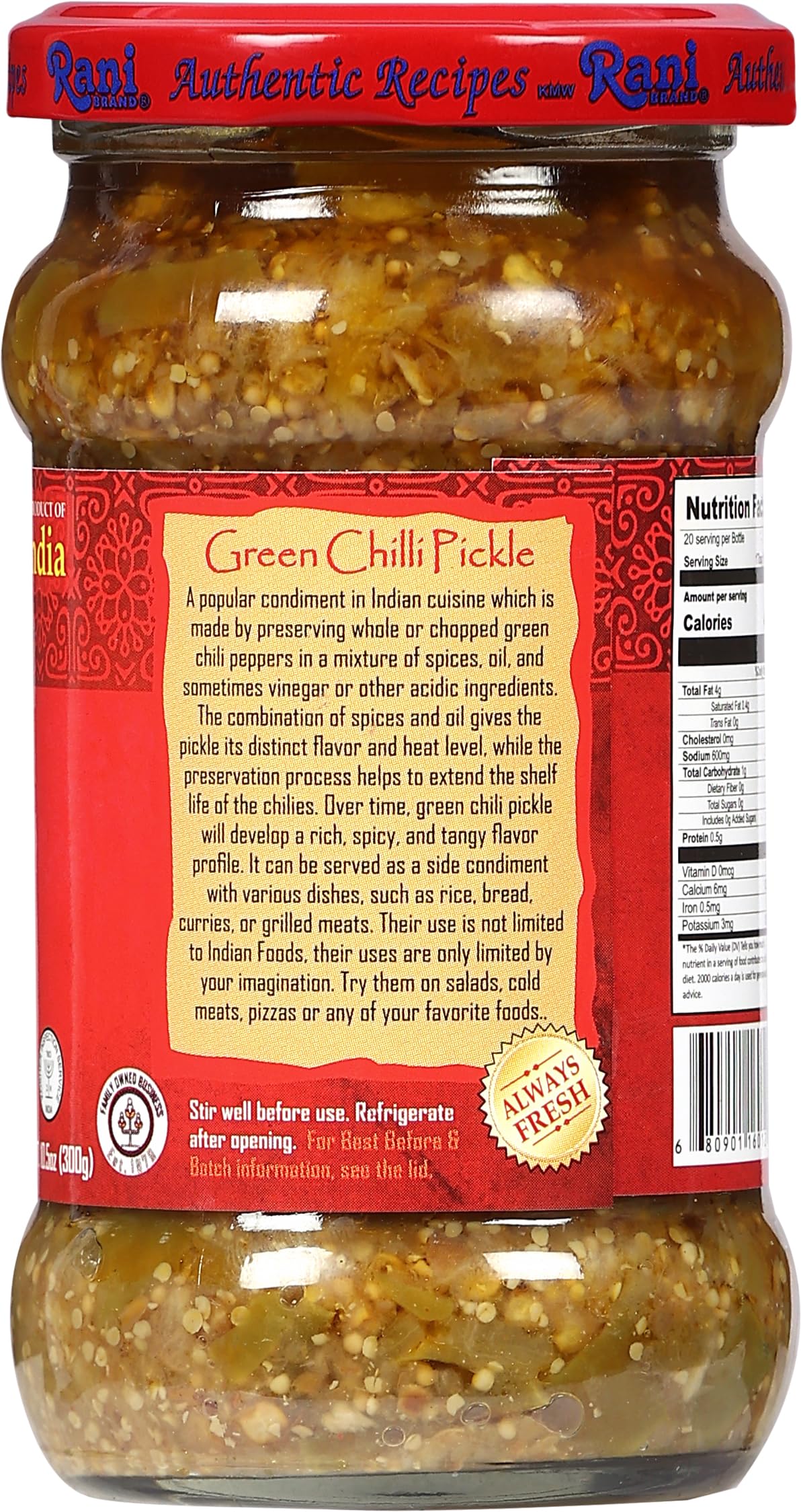 Rani Green Chilli Pickle Hot (Achar, Spicy Indian Relish) 10.5oz (300g) Glass Jar ~ Vegan | Gluten Free | NON-GMO | Kosher | No Colors | Popular Indian Condiment, Indian Origin