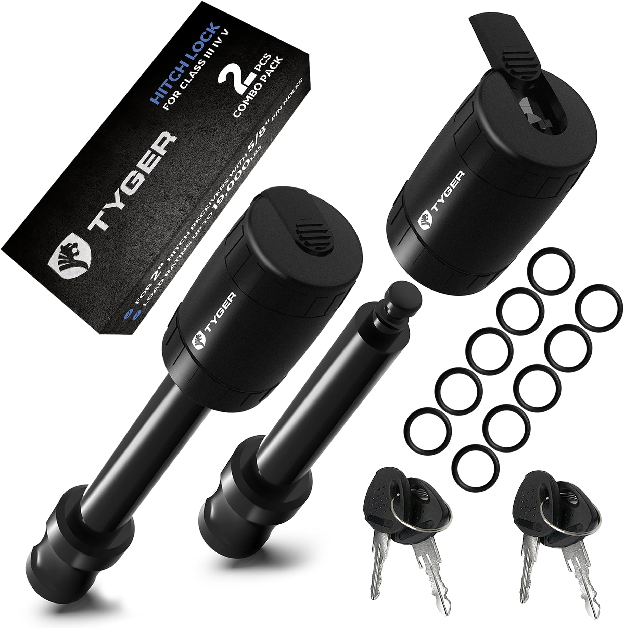 Solid Trailer Hitch Lock Pin with Locking Key - for 5/8 inch Pin Holes on 2 inch Receivers | Two-Pack Combo | Class III IV V | 19,000 lb Load Rating | TG-HL3U022B | Weatherproof Anti-Theft