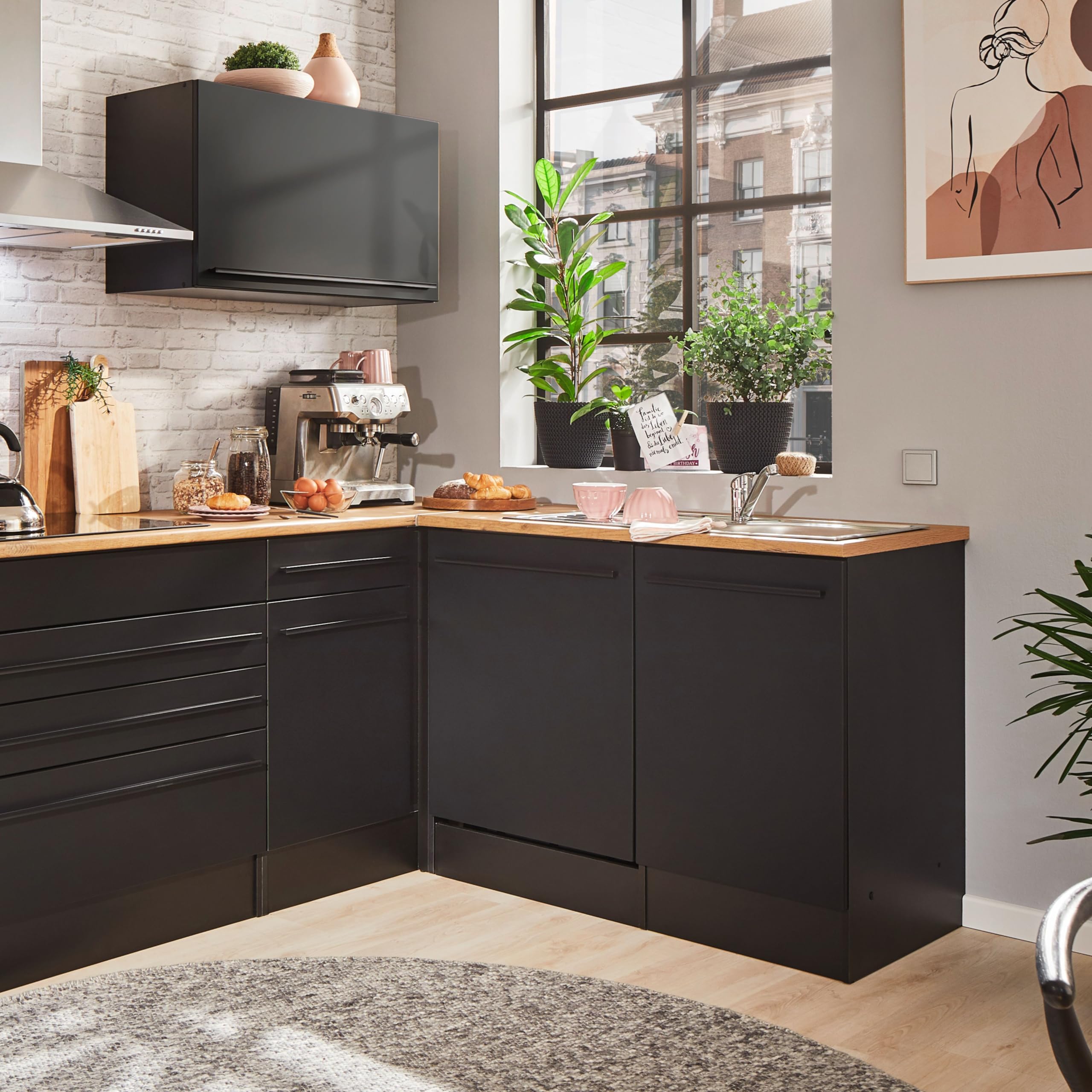 Jazz Moderner Eckschrank Küche mit Arbeitsplatte in Schwarz matt, Lanzelot Eiche Optik - Geräumiger Eck-Unterschrank mit viel Stauraum - 115 x 90 x 60 cm (B/H/T)