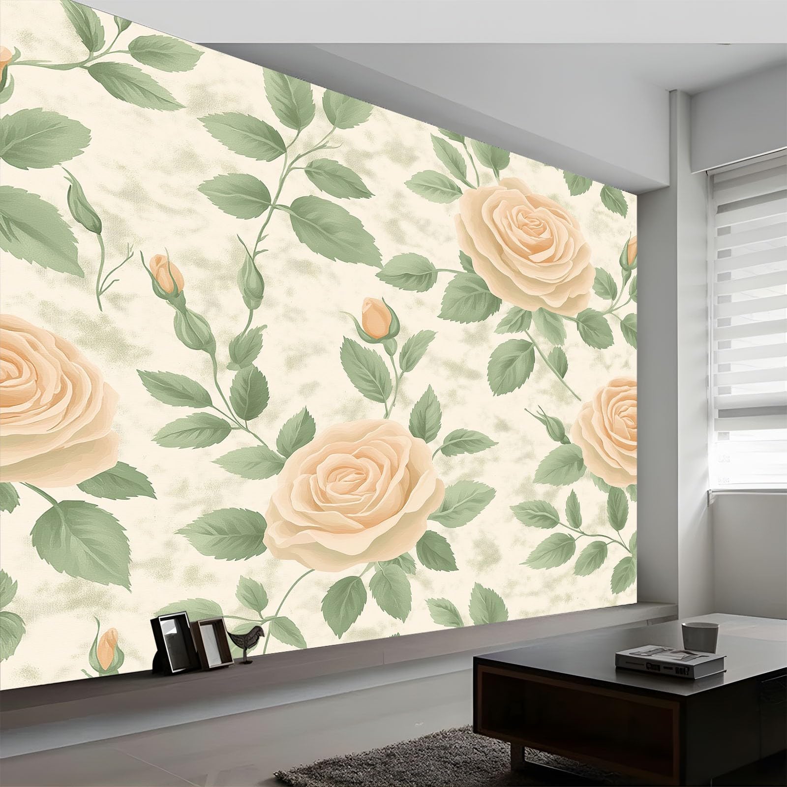 Panoramiczna Tapeta Malowana Kremowa, Różowy Liść Kwiat Roślina Włóknina Ścienna, 400 x 280 cm (szer. x wys.) Fresk do salonu Dekoracja restauracji pokoju dziecięcego