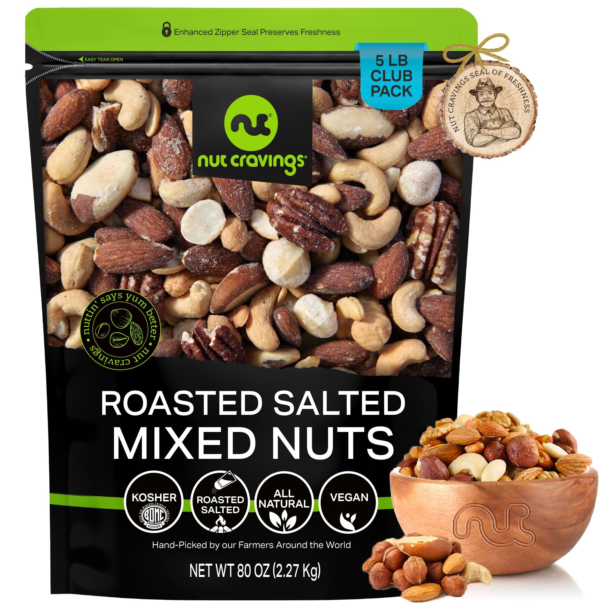 NUT CRAVINGS - Roasted & Salted Mixed Nuts - Brazil, Pecan, Almond, Hazelnut, Cashew (80oz - 5 LB) Packed Fresh in Resealable Bag - Healthy Protein Food, All Natural, Keto Friendly, Vegan, Kosher
