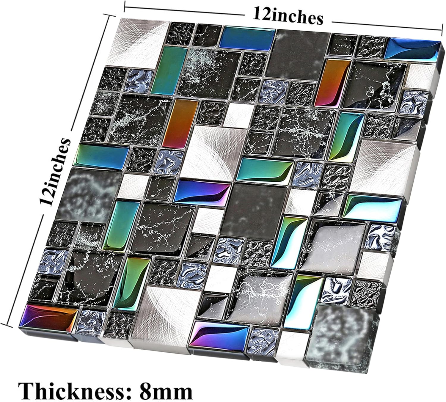 Blujellyfish Wall Backsplash Tile Black Glass Silver Metal Iridescent Vibrant Colors for Home Project Kitchen Bathroom Shower Accents Walls Decoration TSTMGB026 (5 Square Feet)