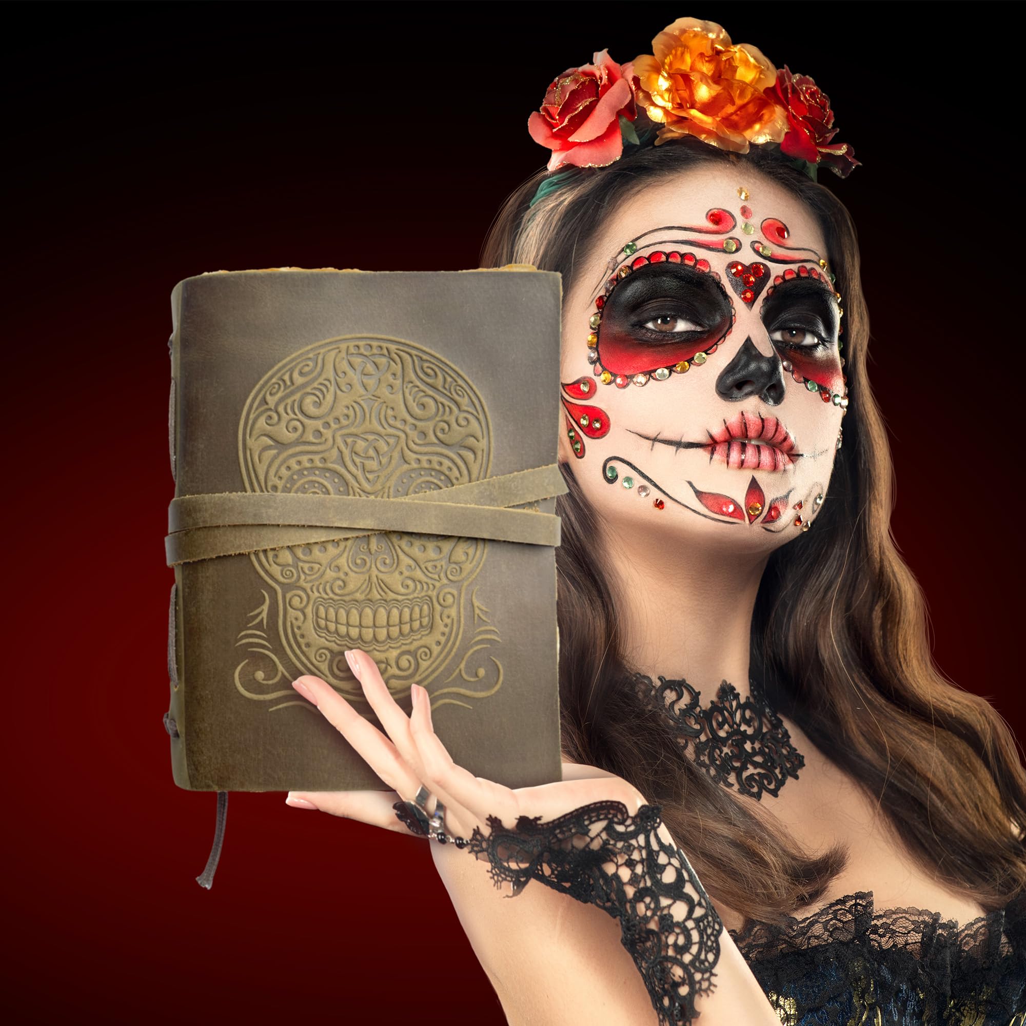 Sugar Skull Handmade Leather Bound Journal with Tree-Free Deckle Edge Paper - Image 2