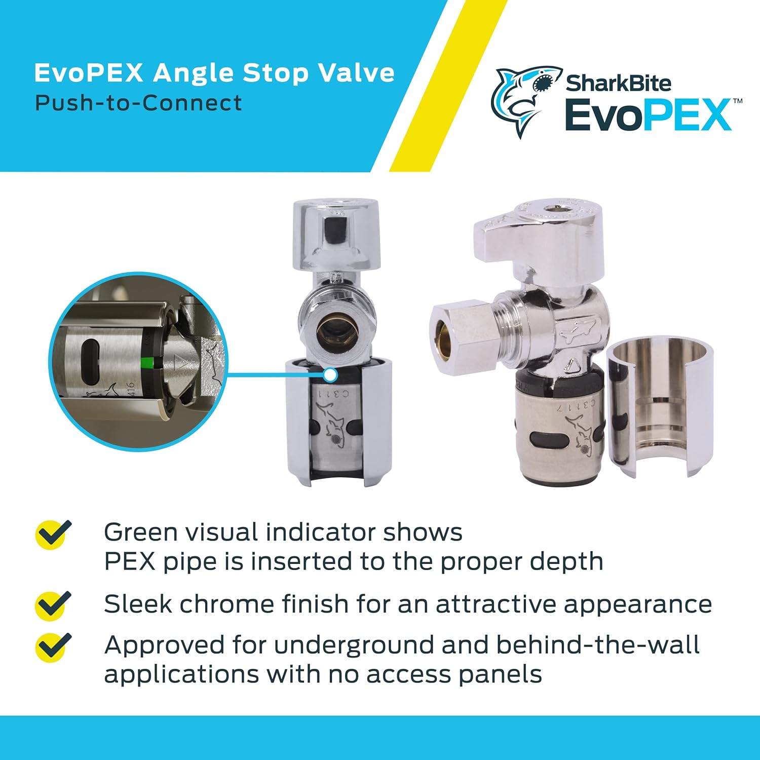 SharkBite 1/2 x 3/8 Inch EvoPEX Angle Stop Valve, Pack of 2, Push to Connect Plumbing Fitting, PEX, K23036Z2