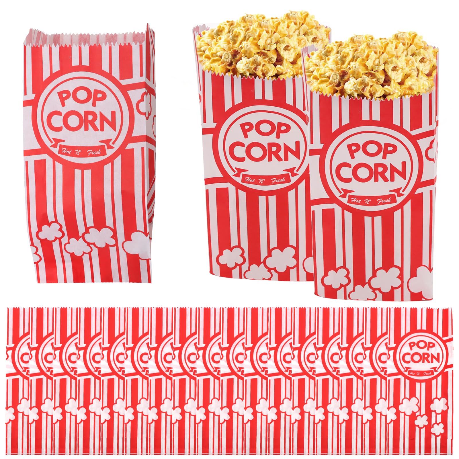 Popcorn Paper Bags, 100Pcs Medium Size Striped Paper Popcorn Bags Set 3.5" x 8.6" Red White Striped Snacks Candy Containers Favor Boxes for Birthday Party BBQ Theaters Themed Movie Nights Carnivals