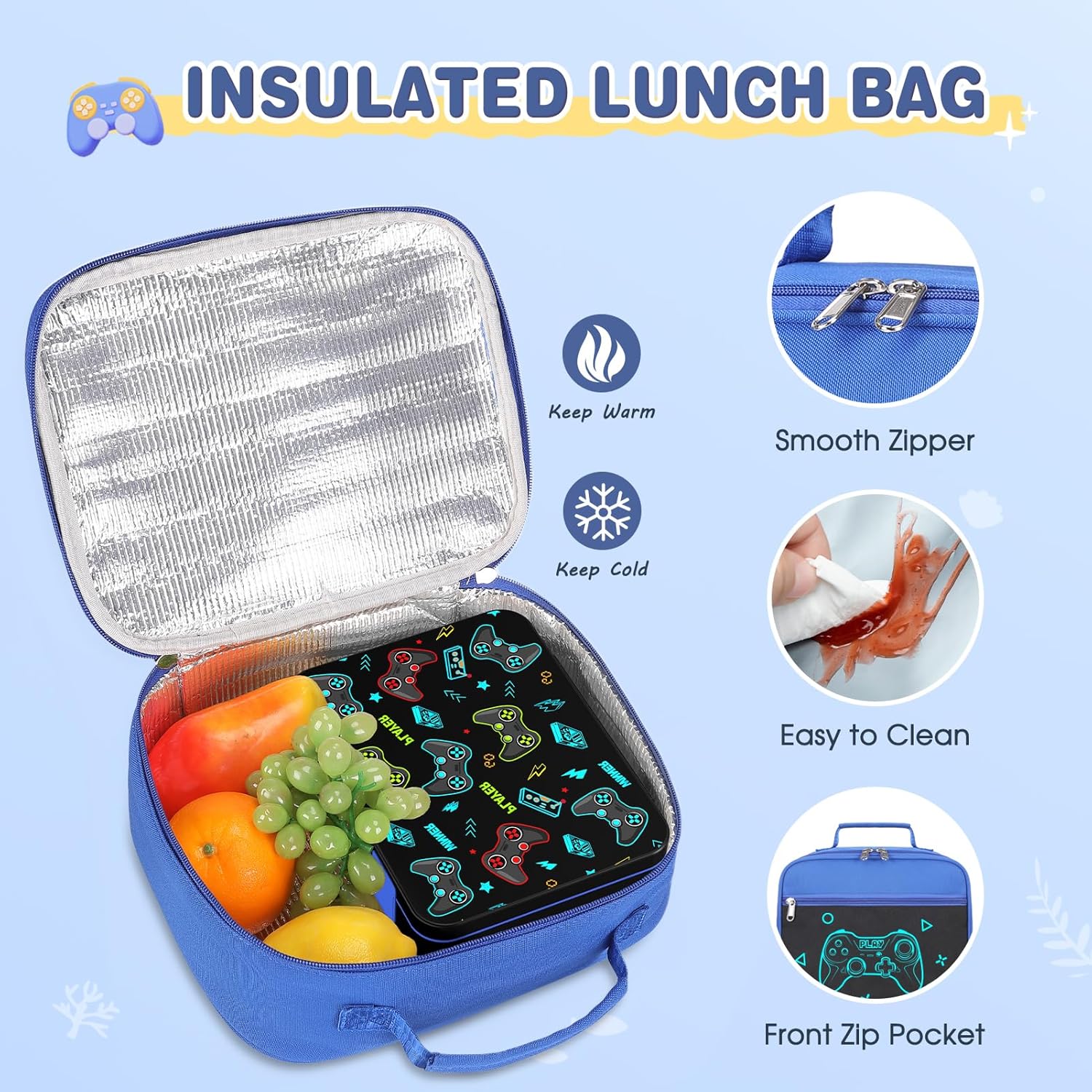 Boys Backpack - Luminous Game Bento Box with Insulated Lunch Bag Pencil Case & Utensils Set for Kids, 6 Leakproof Compartments Removable Tray Lunches or Snack Container (Blue Game Console)