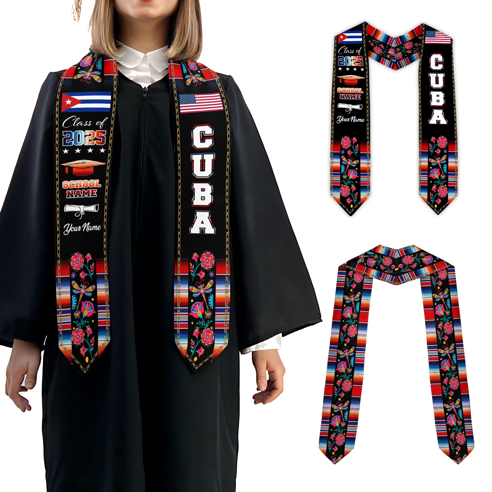 MonkeyVan Cubans Graduation Sash, Cuba Graduation Stole Custom, Personalized Cubans American Flag Graduation Sash 2025 Style 4
