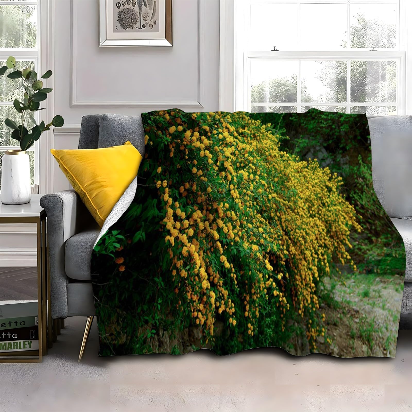 Plaid épais et doux fleurs jaunes couverture chaude grand confort 180x200 cm